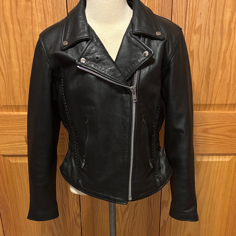 Women's Black Leather Moto Jacket with Asymmetrical Zip
